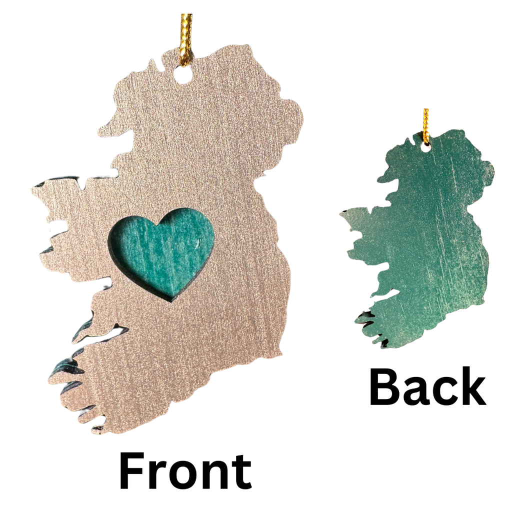 Gold Colored Map of Ireland with Green Back Wooden Ornament