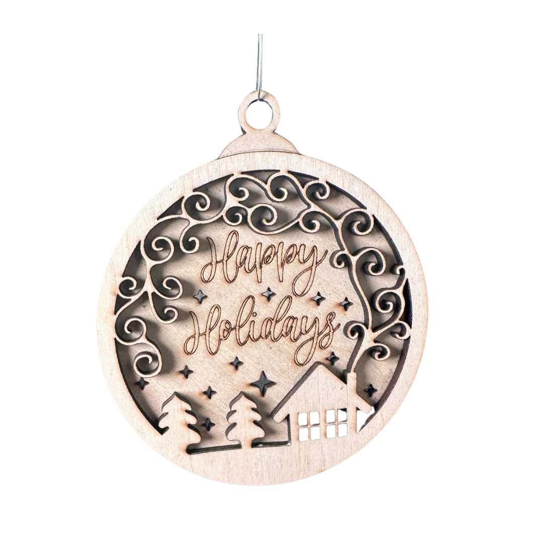 Happy Holidays with Woods Scene Wooden Ornament
