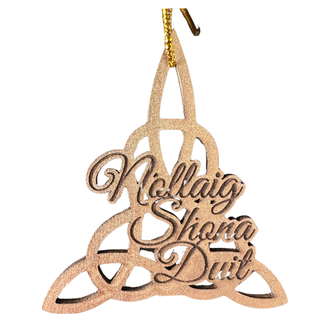 Nollaig Shona Duit Gold Trinity Knot Wooden Ornament